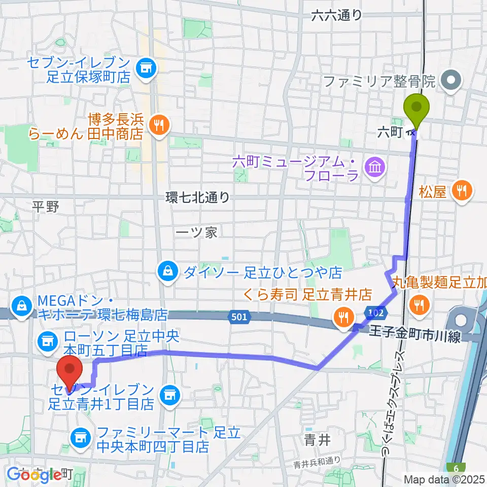 六町駅からわたなべ音楽堂ベルネザールへのルートマップ地図