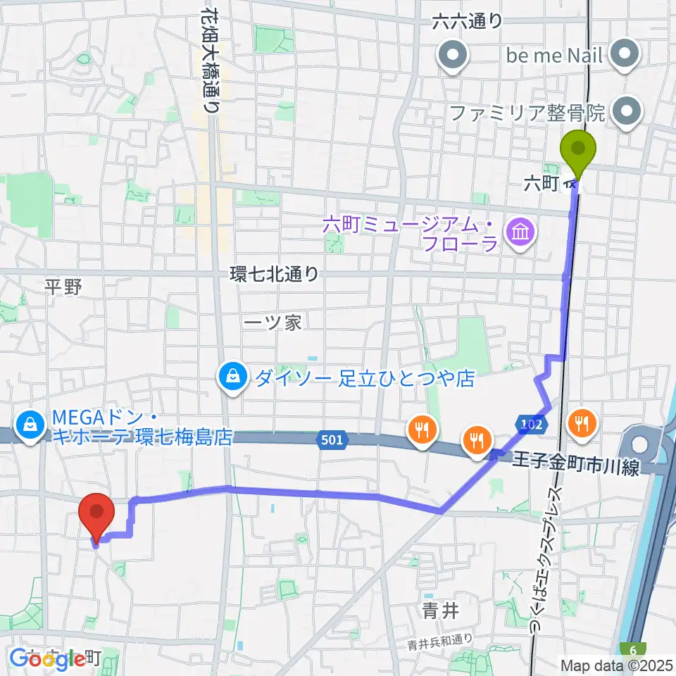 六町駅からわたなべ音楽堂ベルネザールへのルートマップ地図