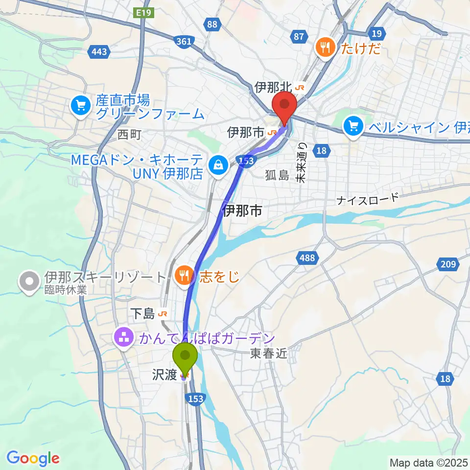 沢渡駅から伊那楽器レンタルスタジオへのルートマップ地図