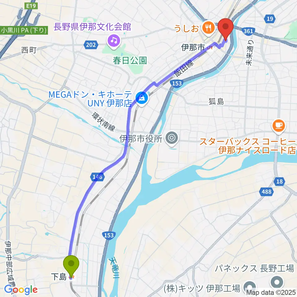 下島駅から伊那楽器レンタルスタジオへのルートマップ地図