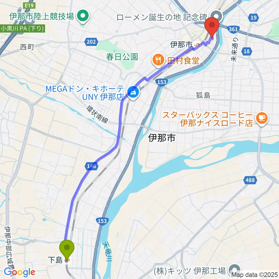 下島駅から伊那楽器レンタルスタジオへのルートマップ地図