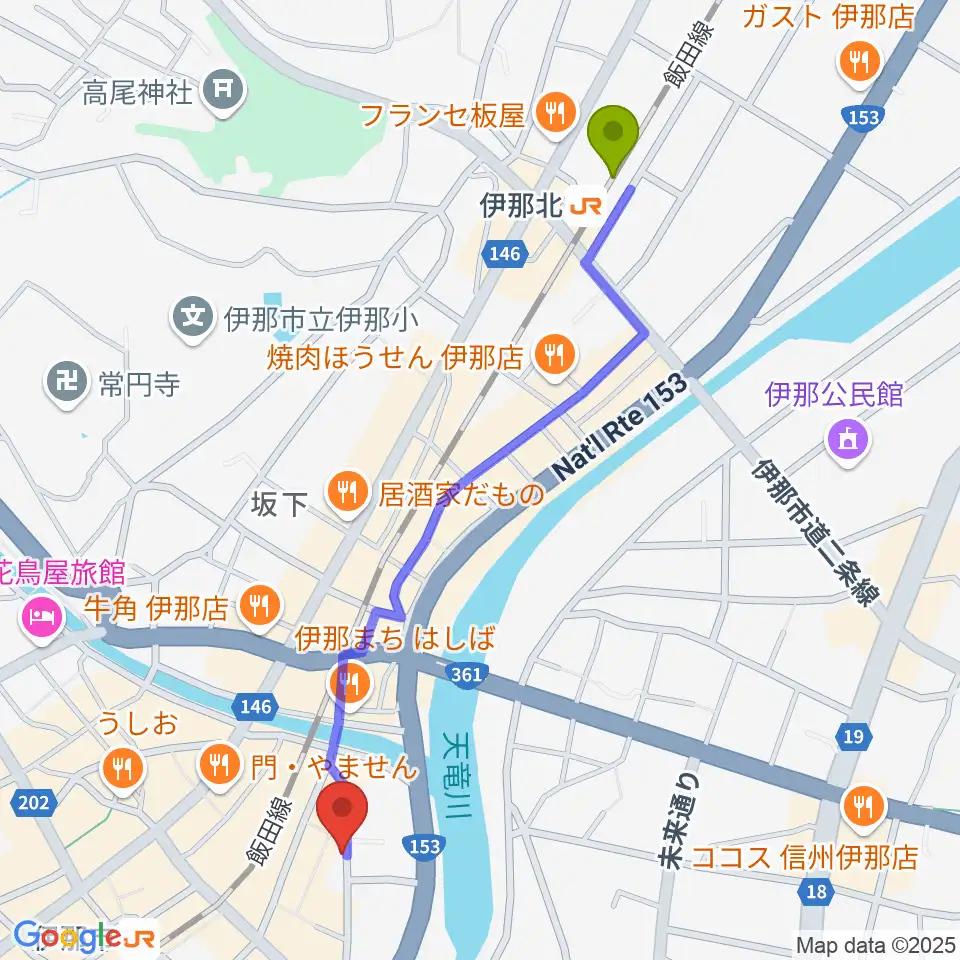 伊那北駅から伊那楽器レンタルスタジオへのルートマップ地図