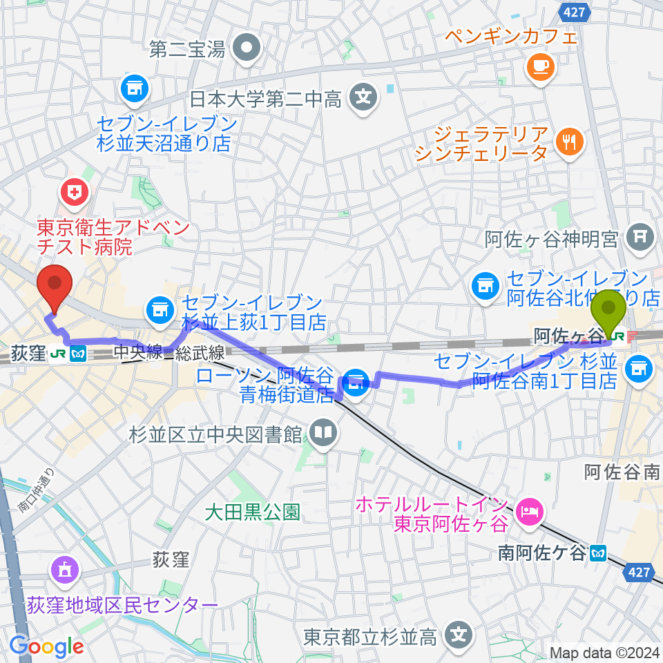 阿佐ケ谷駅から荻窪クラブドクターへのルートマップ地図