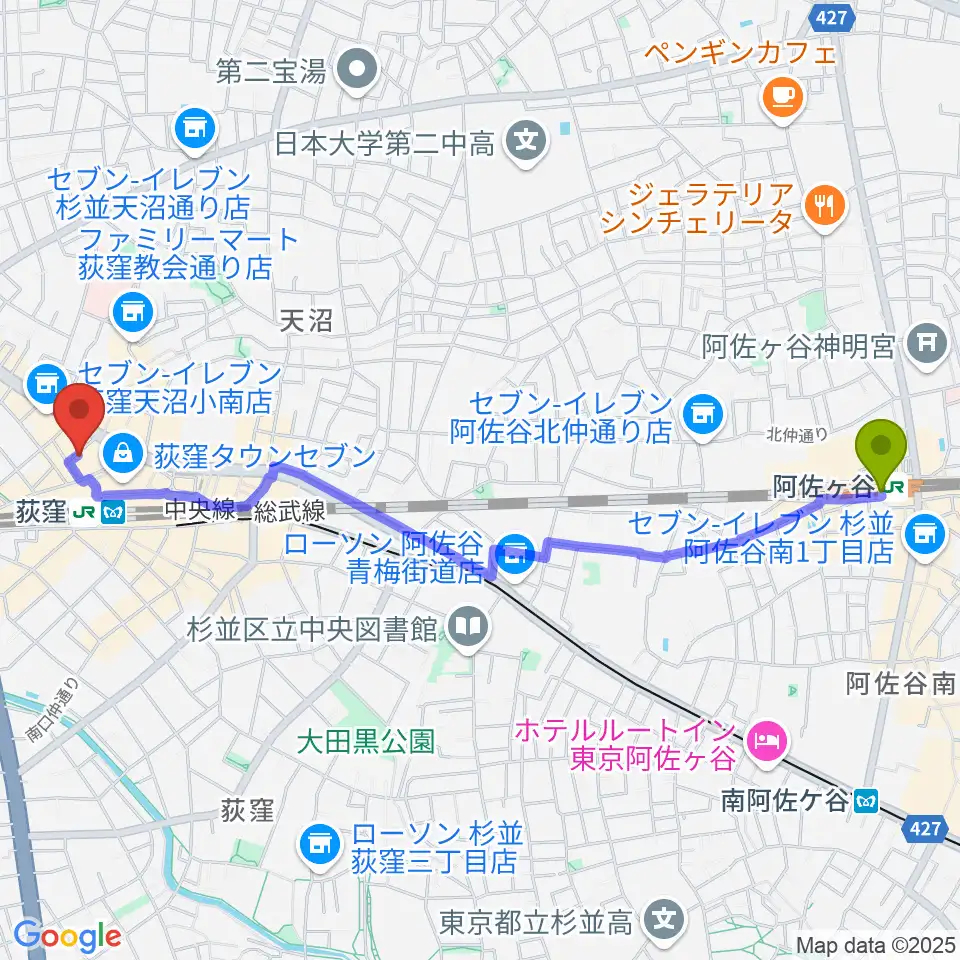 阿佐ケ谷駅から荻窪クラブドクターへのルートマップ地図