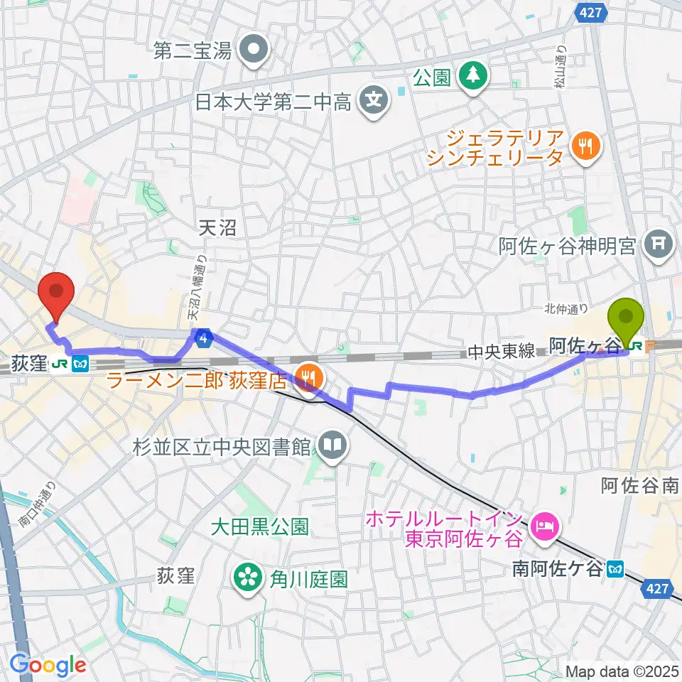 阿佐ケ谷駅から荻窪クラブドクターへのルートマップ地図