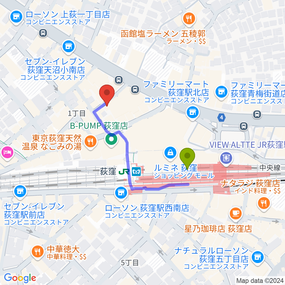 荻窪クラブドクターの最寄駅荻窪駅からの徒歩ルート（約3分）地図