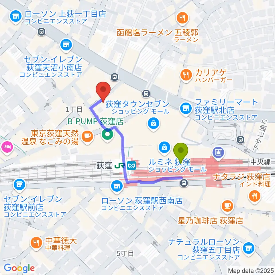 荻窪クラブドクターの最寄駅荻窪駅からの徒歩ルート（約3分）地図