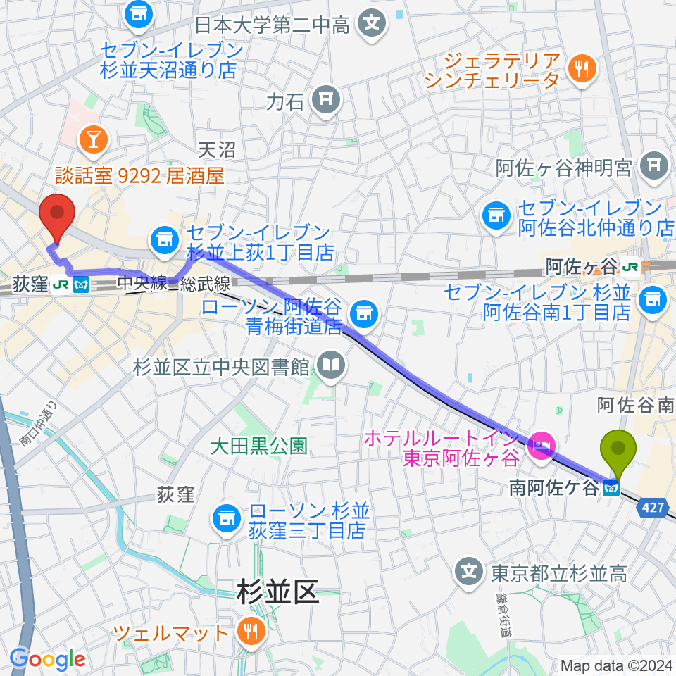 南阿佐ケ谷駅から荻窪クラブドクターへのルートマップ地図