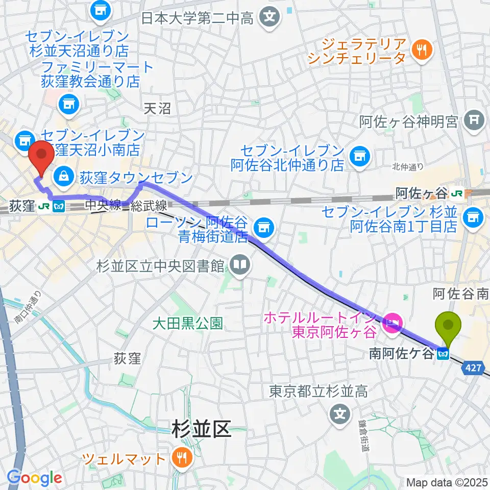 南阿佐ケ谷駅から荻窪クラブドクターへのルートマップ地図