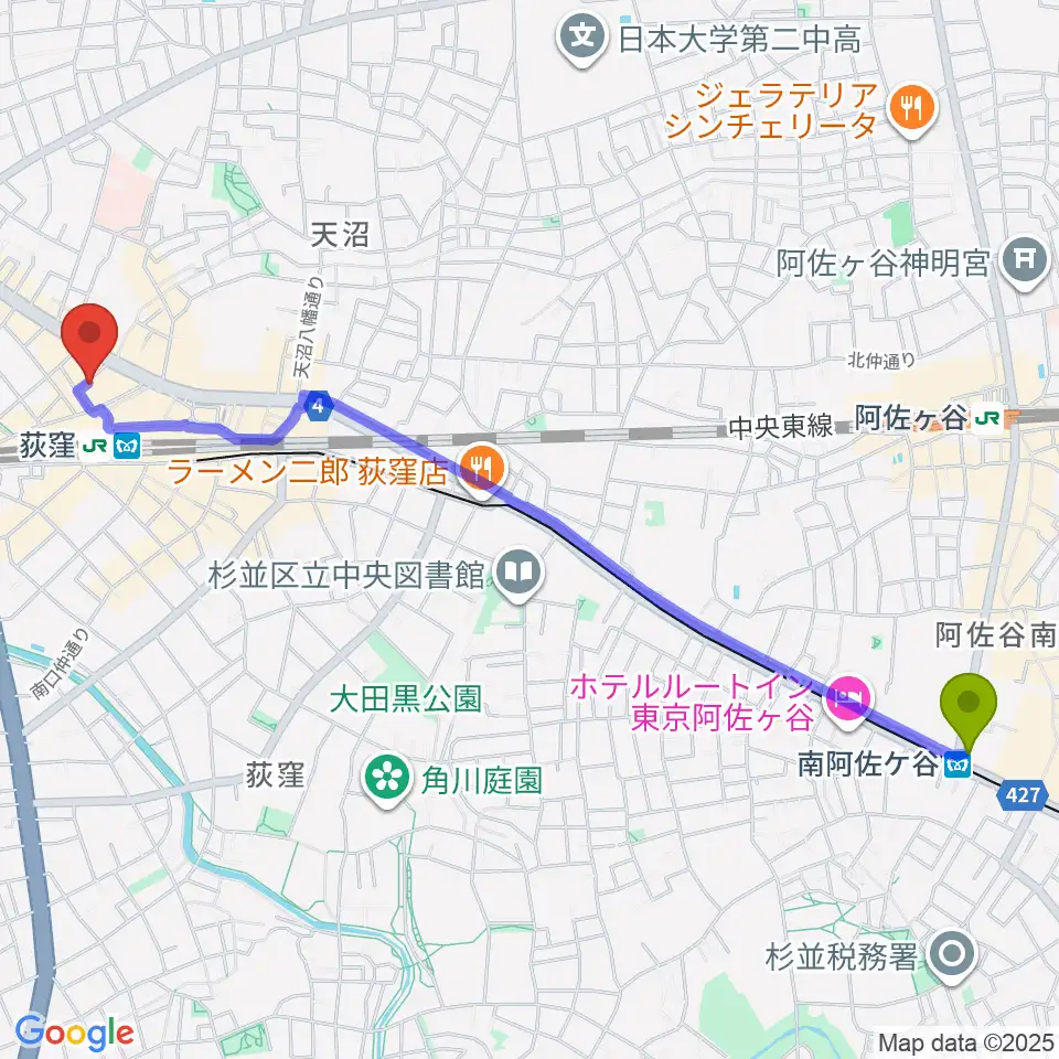 南阿佐ケ谷駅から荻窪クラブドクターへのルートマップ地図