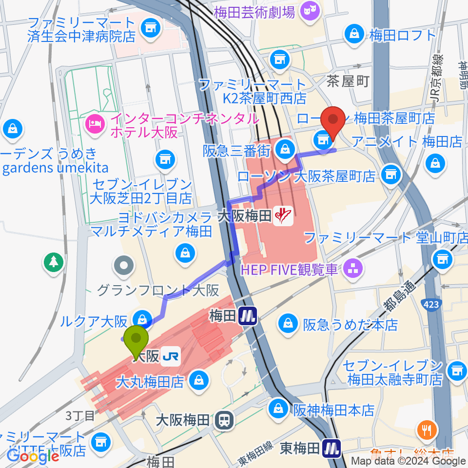 大阪駅から梅田アズールテラスへのルートマップ地図