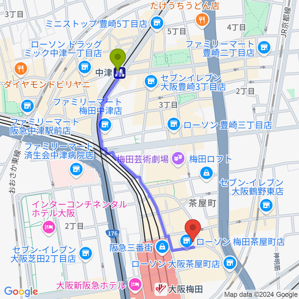 中津駅から梅田アズールテラスへのルートマップ地図