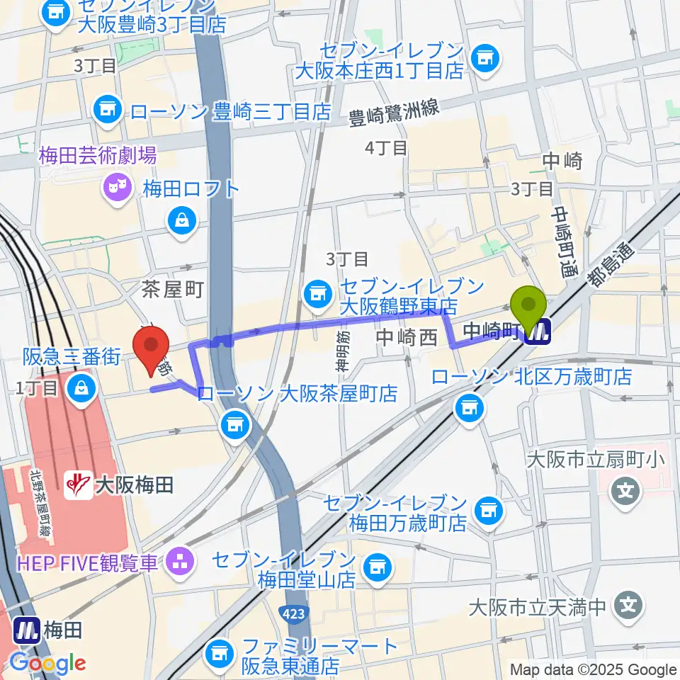 梅田アズールテラスの最寄駅中崎町駅からの徒歩ルート（約9分）地図