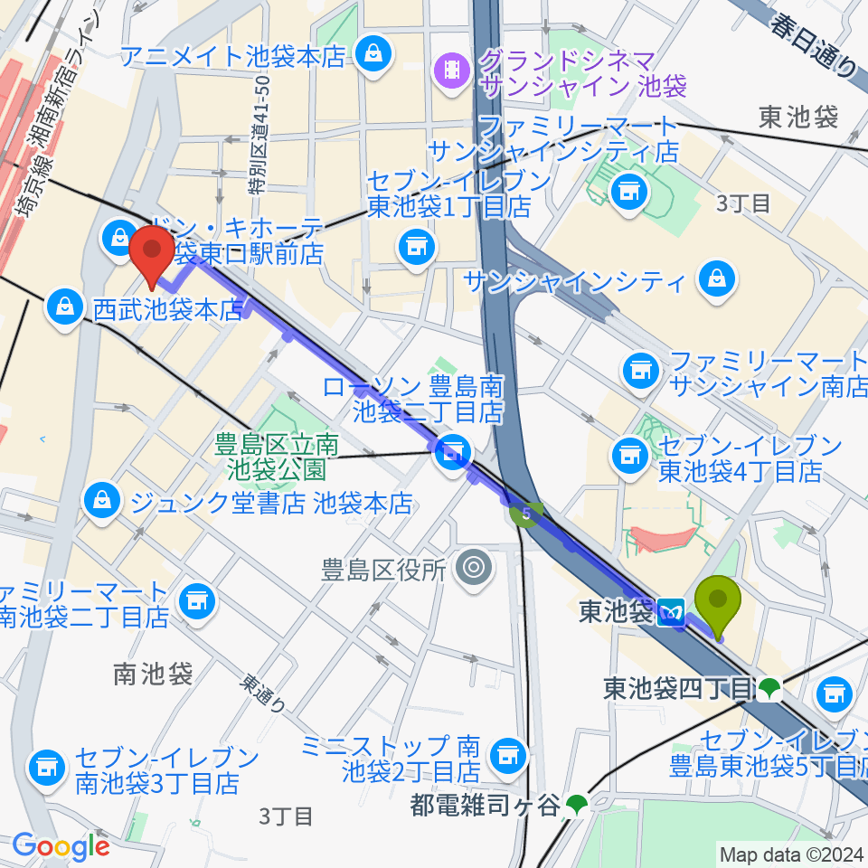 東池袋駅から池袋EDGEへのルートマップ地図