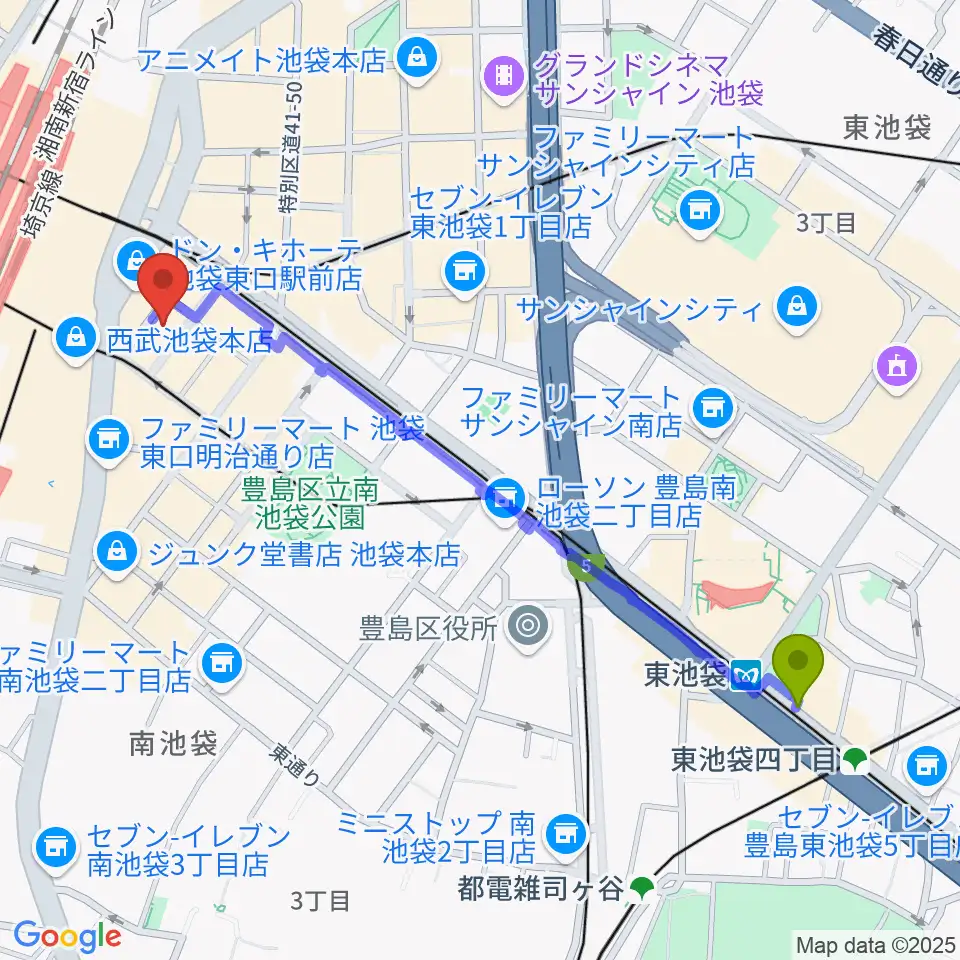 東池袋駅から池袋EDGEへのルートマップ地図