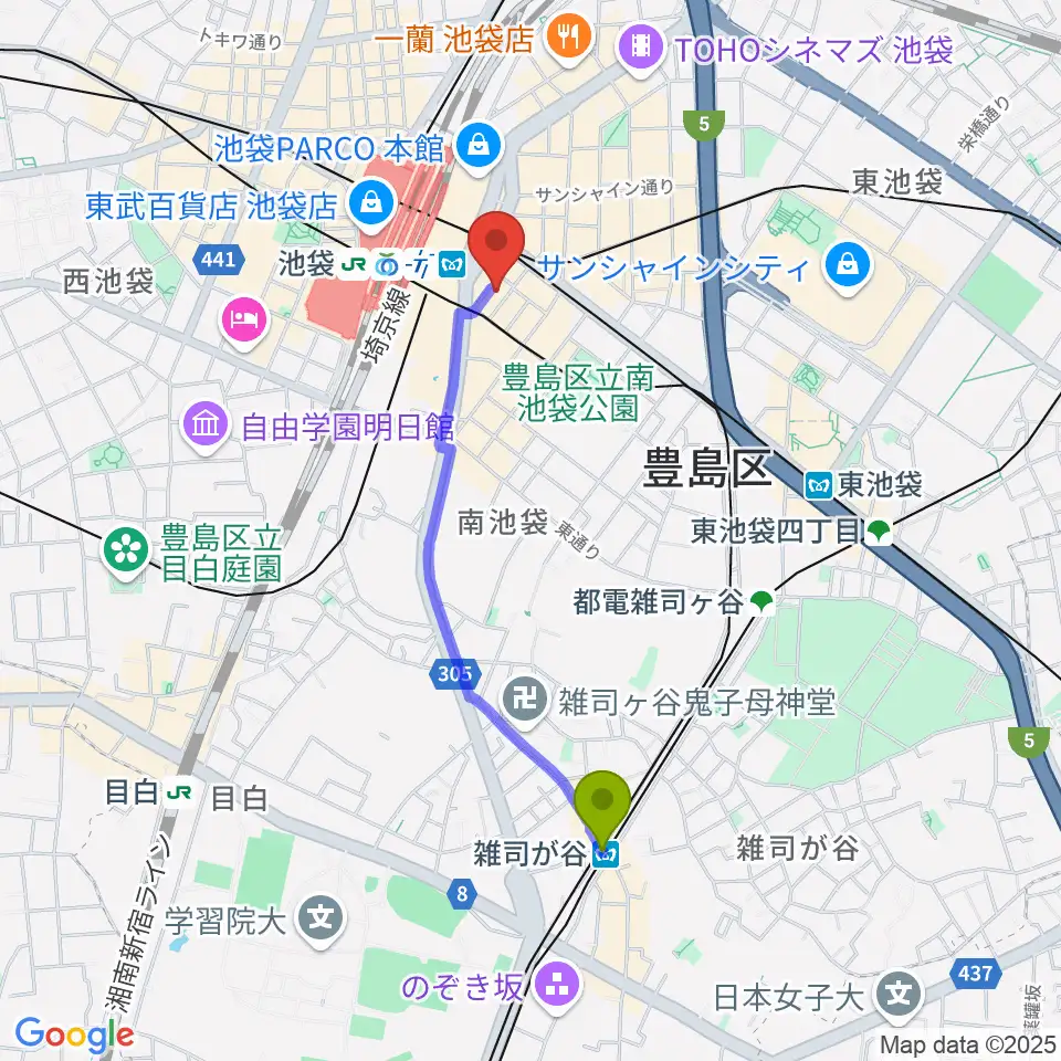 雑司が谷駅から池袋EDGEへのルートマップ地図