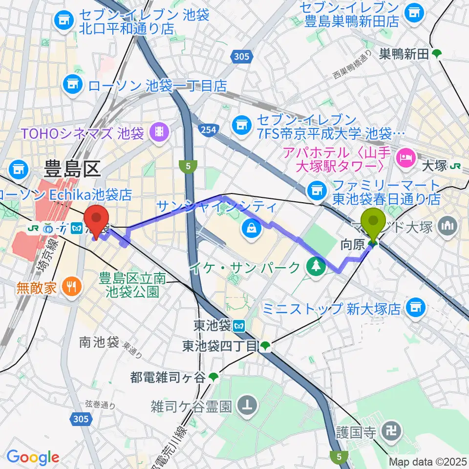 向原駅から池袋EDGEへのルートマップ地図