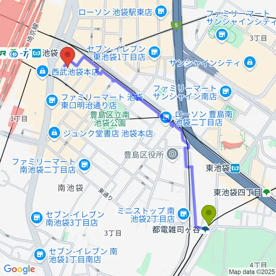 都電雑司ヶ谷駅から池袋EDGEへのルートマップ地図