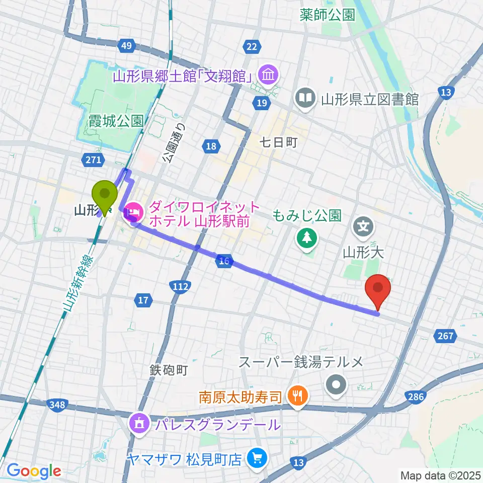 ミュージック昭和の最寄駅山形駅からの徒歩ルート（約36分）地図