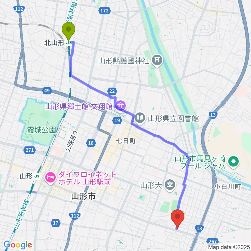 北山形駅からミュージック昭和へのルートマップ地図