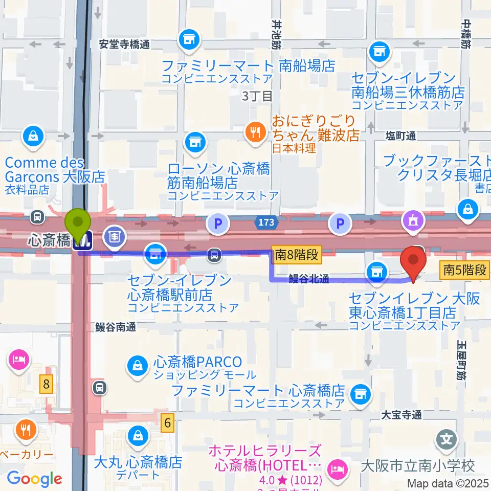 心斎橋駅からCONPASSへのルートマップ地図