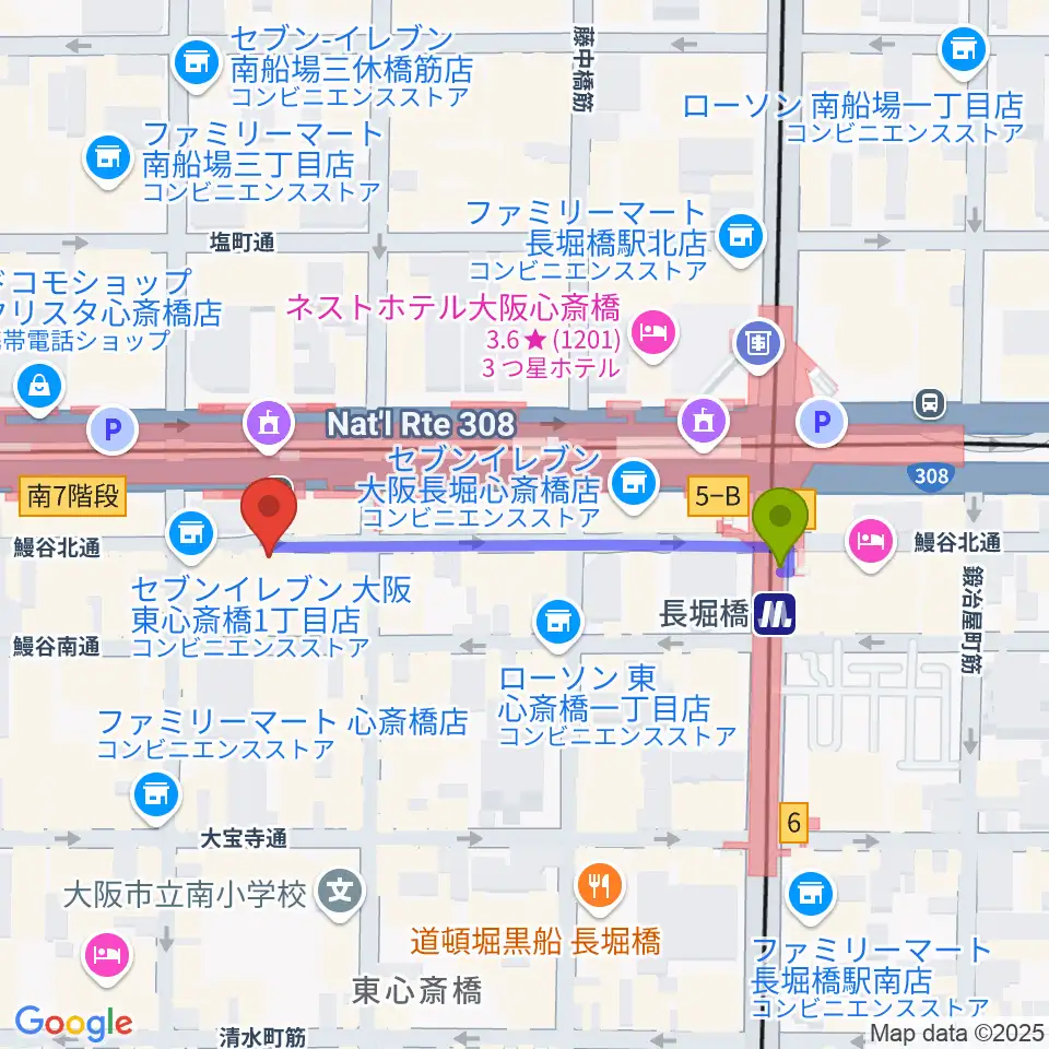 CONPASSの最寄駅長堀橋駅からの徒歩ルート（約4分）地図