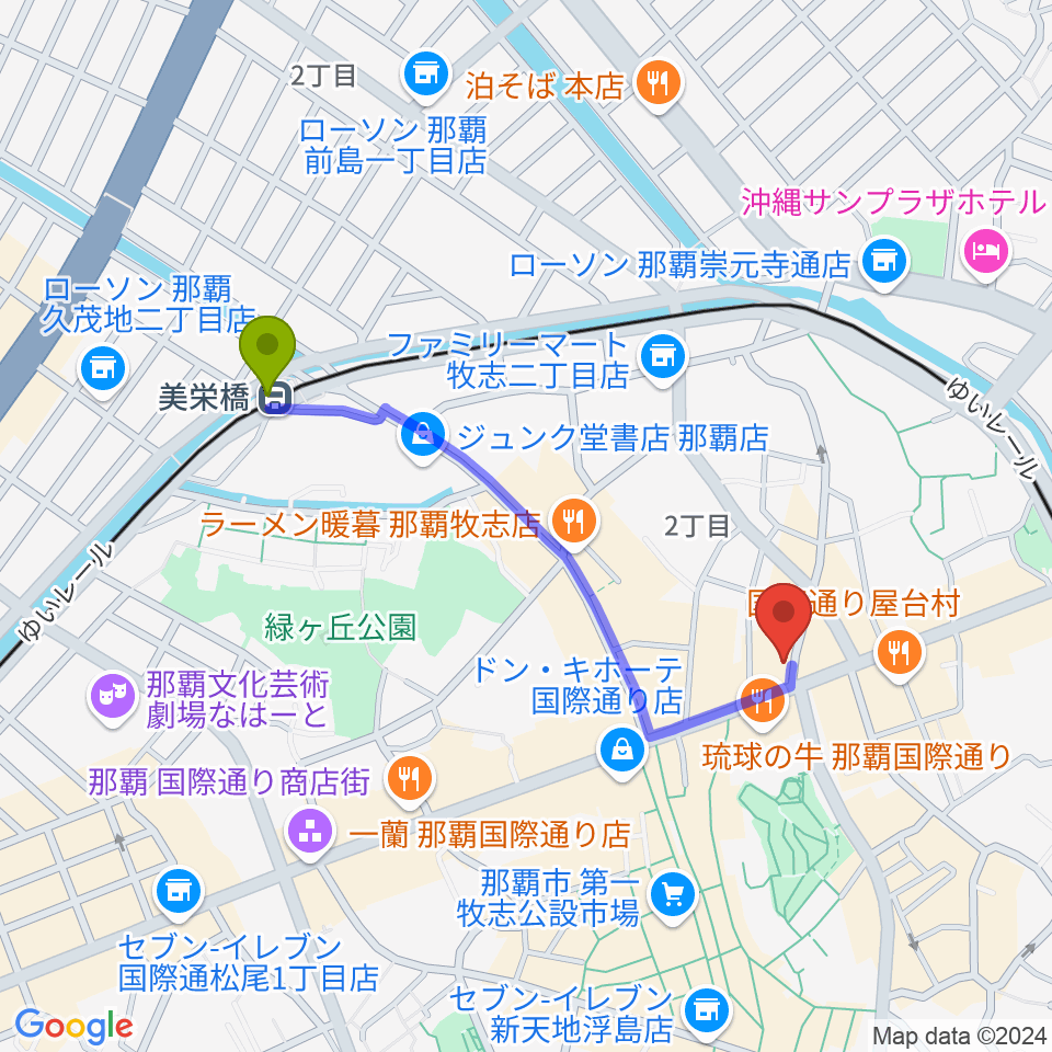 美栄橋駅から沖縄Outputへのルートマップ地図