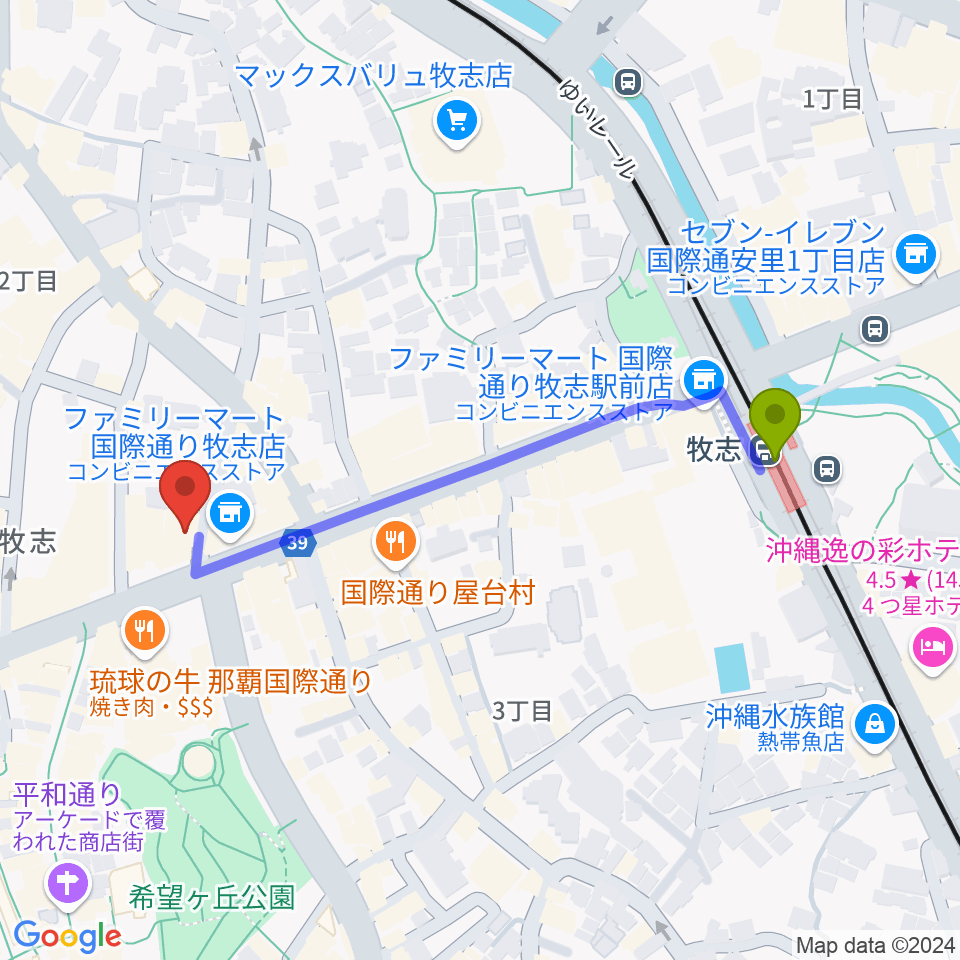 沖縄Outputの最寄駅牧志駅からの徒歩ルート（約5分）地図