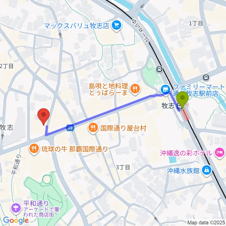 沖縄Outputの最寄駅牧志駅からの徒歩ルート（約5分）地図