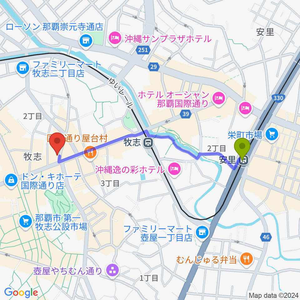 安里駅から沖縄Outputへのルートマップ地図