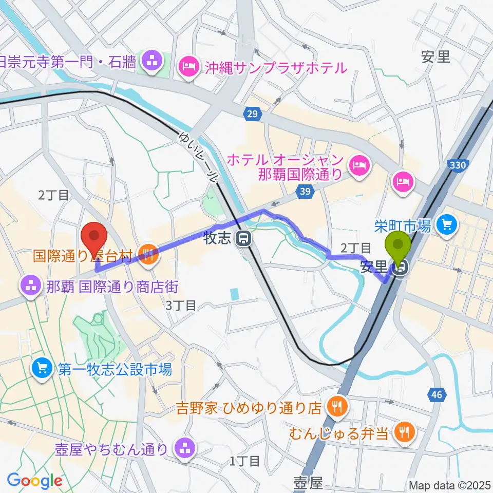 安里駅から沖縄Outputへのルートマップ地図