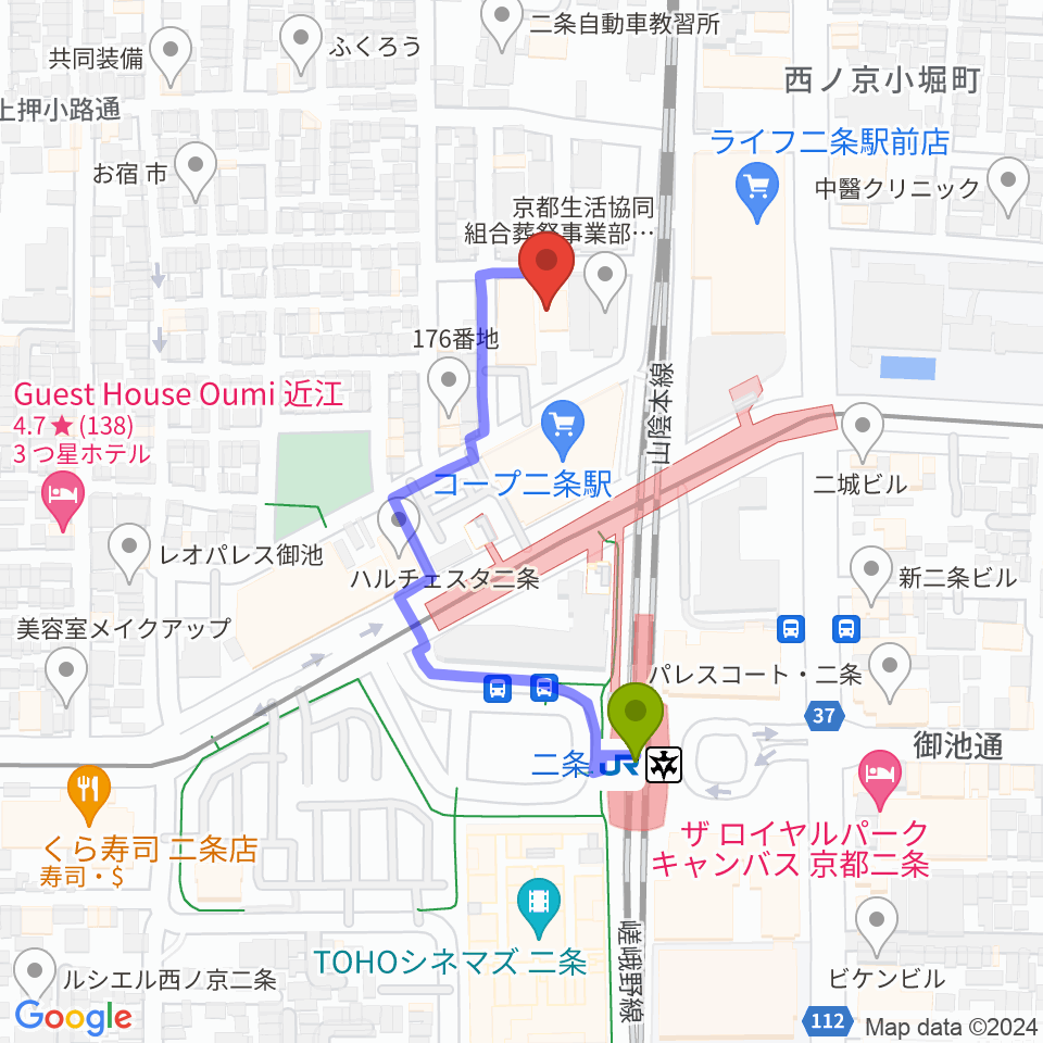京都GROWLYの最寄駅二条駅からの徒歩ルート（約3分）地図