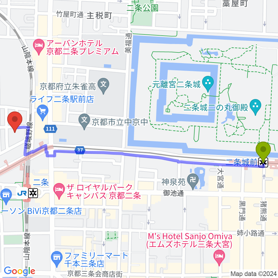 二条城前駅から京都GROWLYへのルートマップ地図