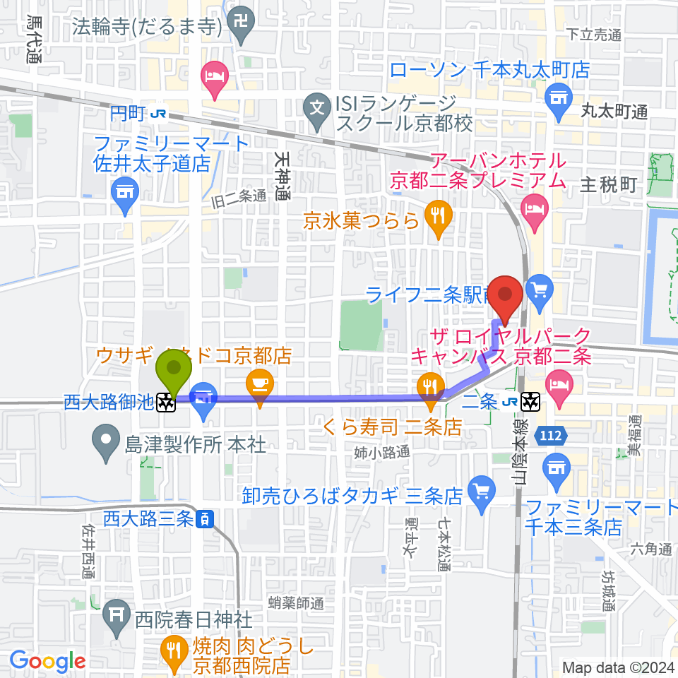 西大路御池駅から京都GROWLYへのルートマップ地図
