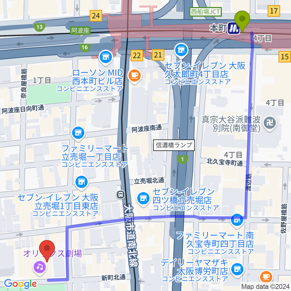 本町駅からオリックス劇場へのルートマップ地図