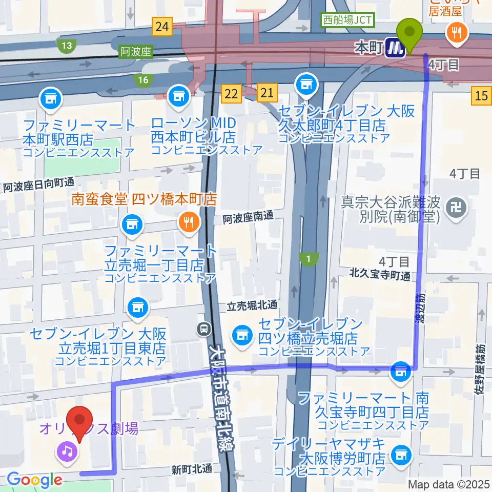 本町駅からオリックス劇場へのルートマップ地図