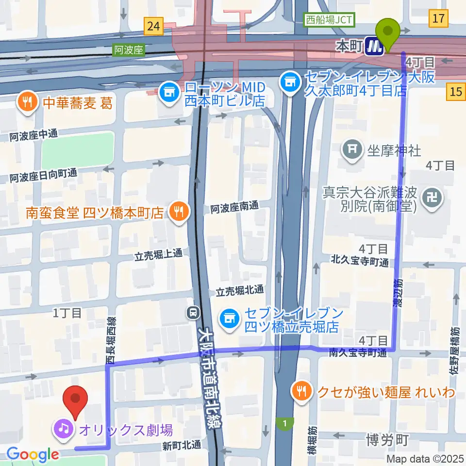 本町駅からオリックス劇場へのルートマップ地図
