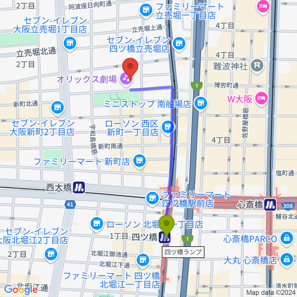 四ツ橋駅からオリックス劇場へのルートマップ地図