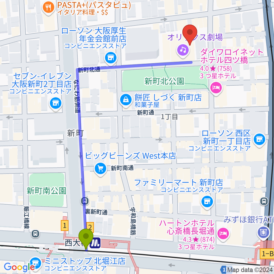 オリックス劇場の最寄駅西大橋駅からの徒歩ルート（約7分）地図