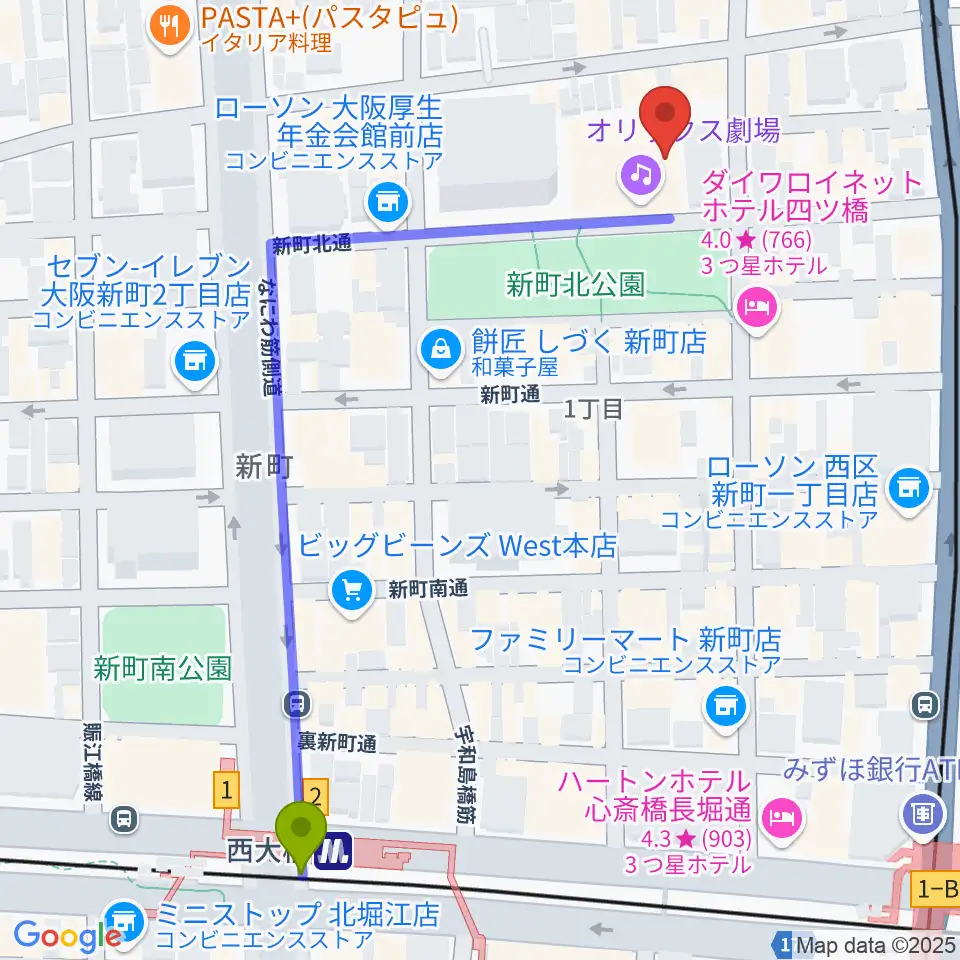 オリックス劇場の最寄駅西大橋駅からの徒歩ルート（約7分）地図