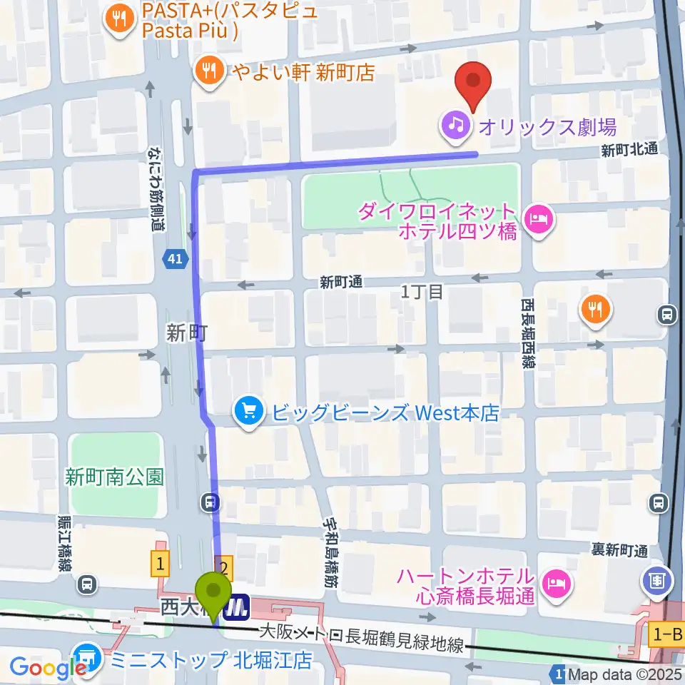 オリックス劇場の最寄駅西大橋駅からの徒歩ルート（約7分）地図
