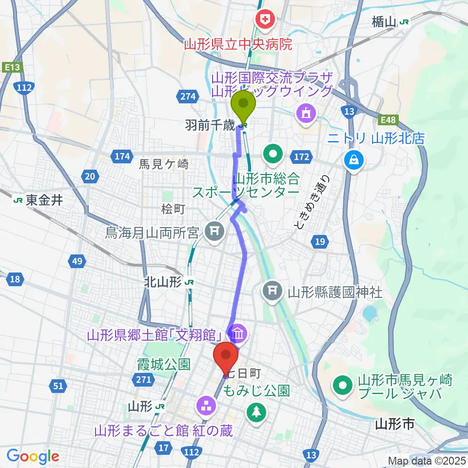 羽前千歳駅から富岡本店へのルートマップ地図