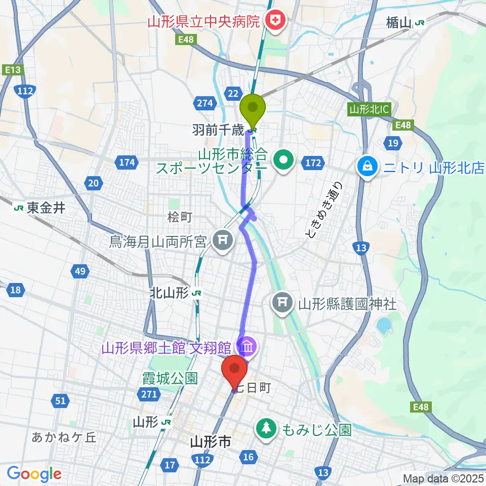 羽前千歳駅から富岡本店へのルートマップ地図
