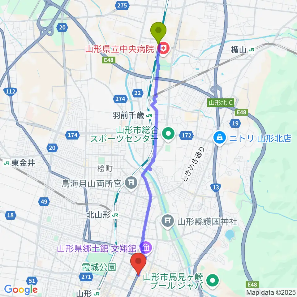 南出羽駅から富岡本店へのルートマップ地図