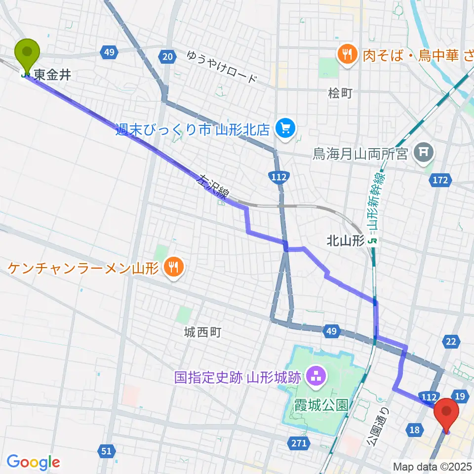東金井駅から富岡本店へのルートマップ地図