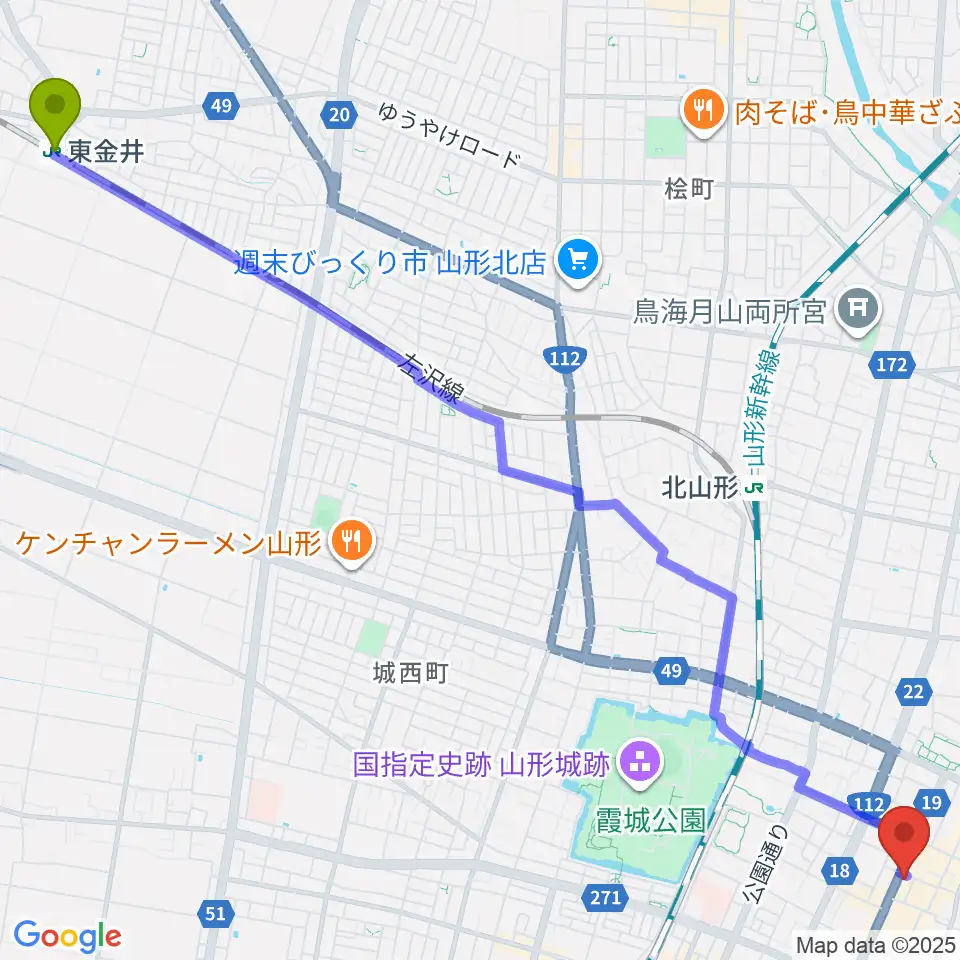 東金井駅から富岡本店へのルートマップ地図