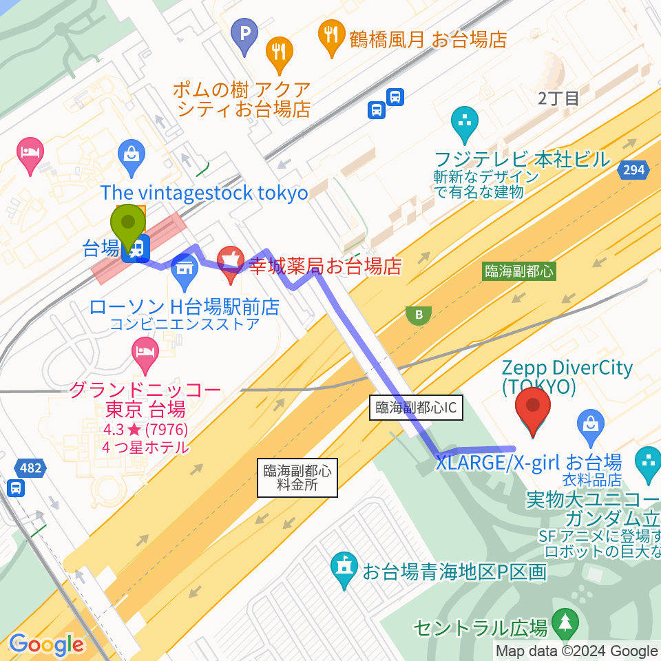 Zeppダイバーシティ東京の最寄駅台場駅からの徒歩ルート（約5分）地図
