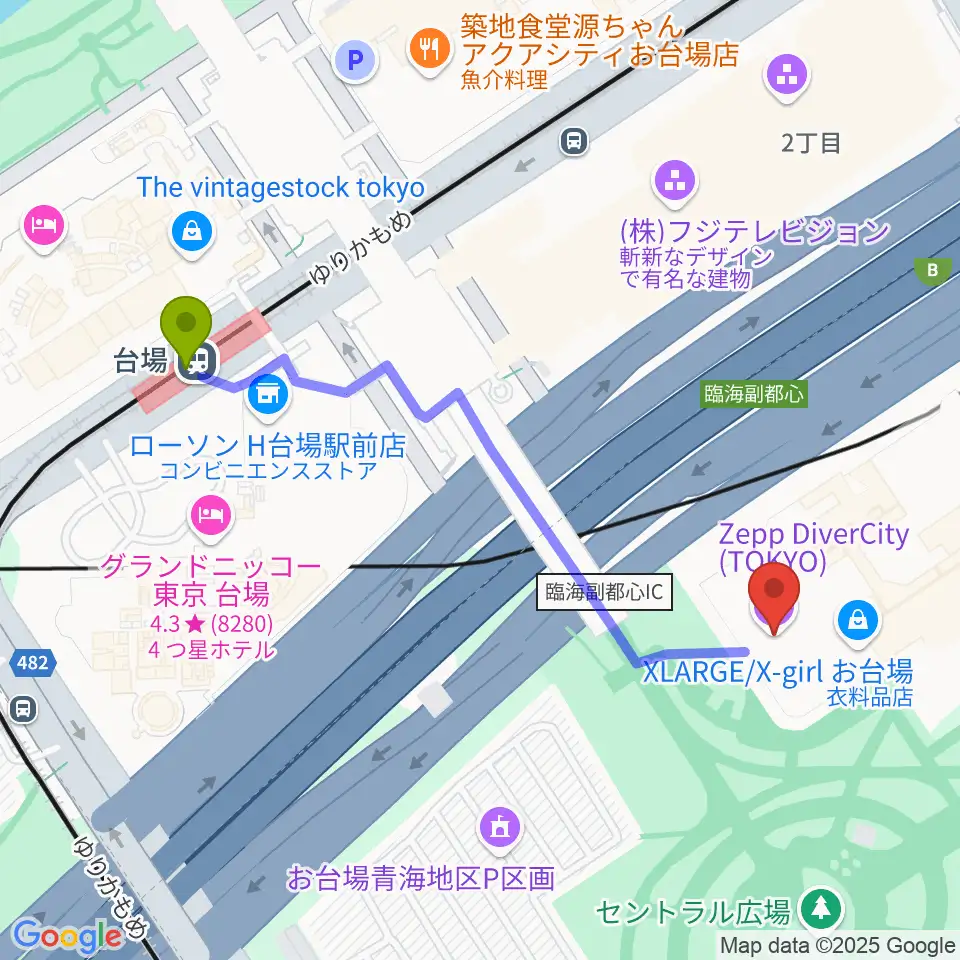 Zeppダイバーシティ東京の最寄駅台場駅からの徒歩ルート（約5分）地図