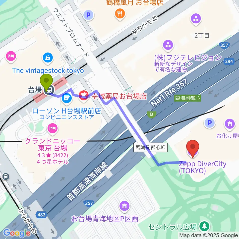 Zeppダイバーシティ東京の最寄駅台場駅からの徒歩ルート（約5分）地図