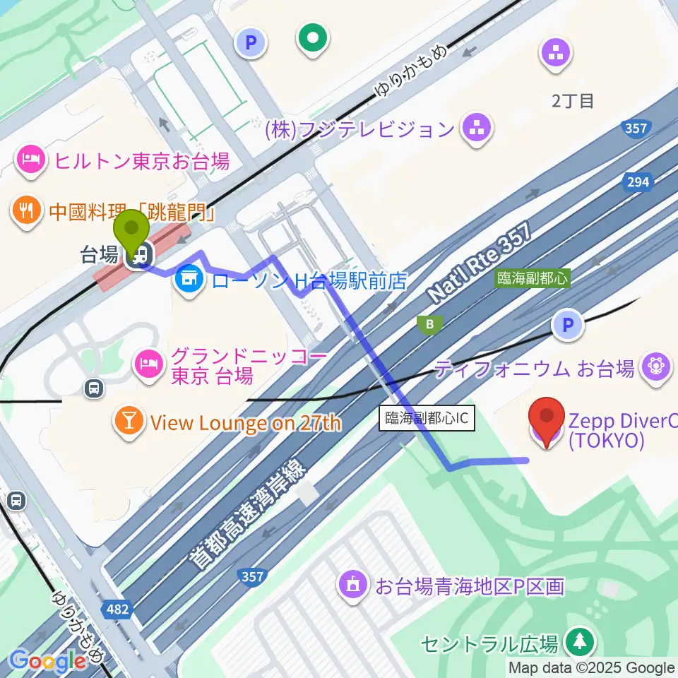 Zeppダイバーシティ東京の最寄駅台場駅からの徒歩ルート（約5分）地図